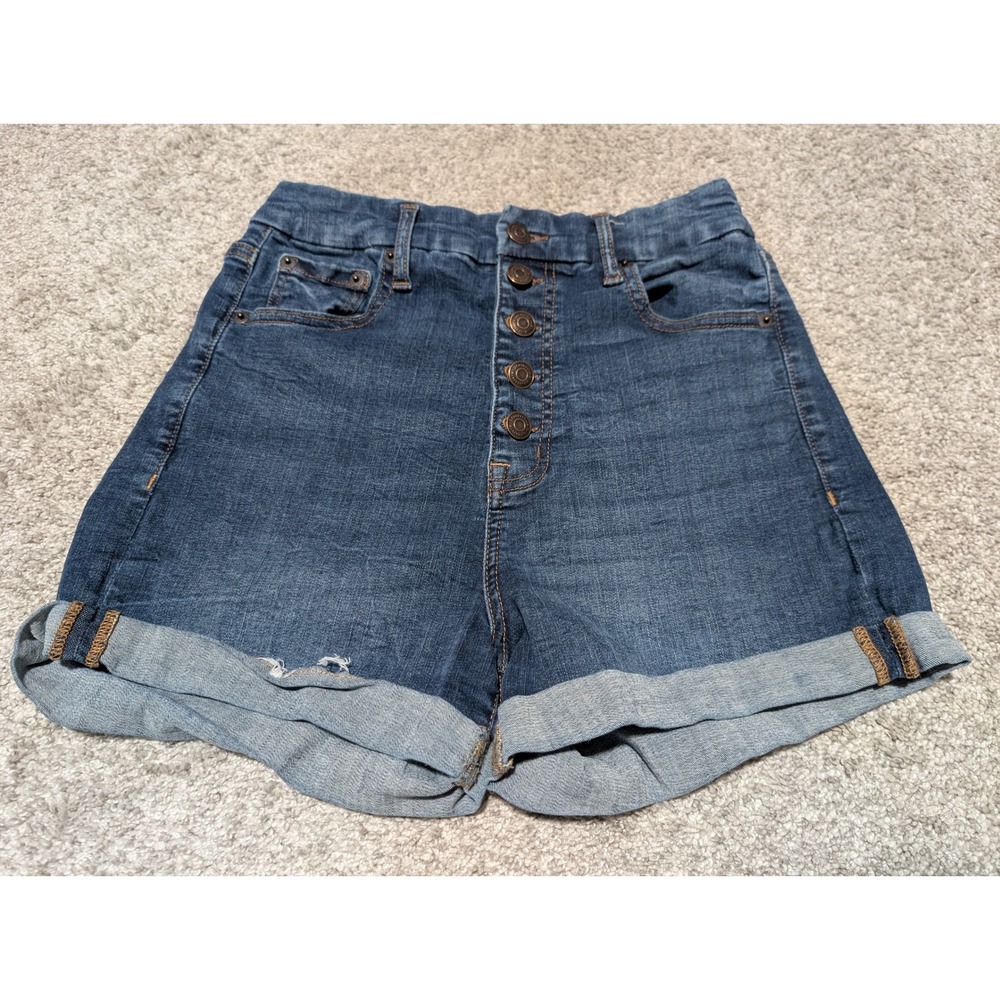 Aeropostale Shorts Women 8 Blue Curvy Midi Super High Rise Button Fly Denim Boho